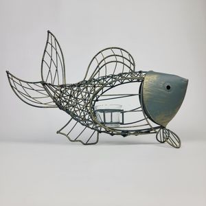 Metal Wire Fish Candel Holder Ornament Home Nautical Beach Decoration Sea Blue